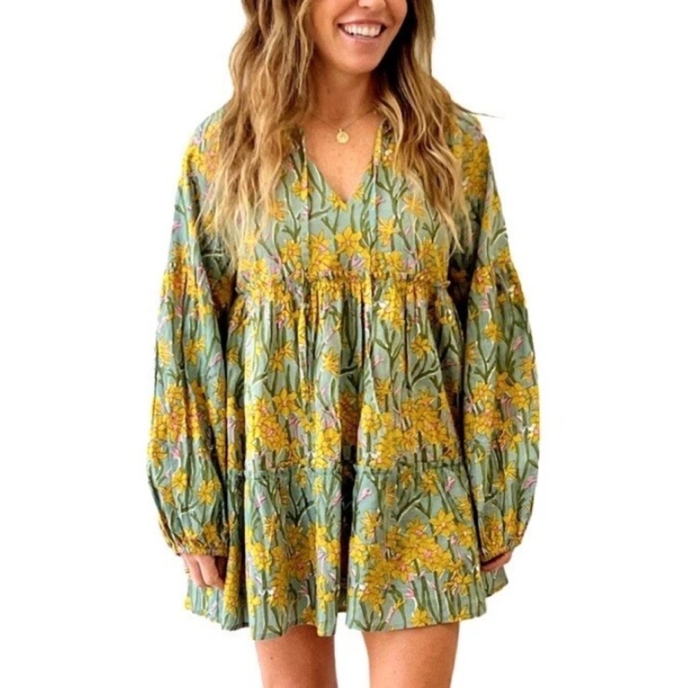 Sur La Vague Reed Yellow Floral Ruffle Long Sleeves Mini Dress- NWOT